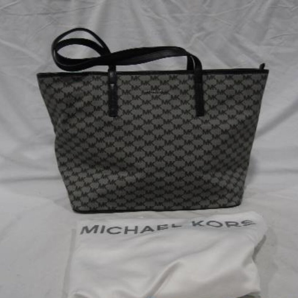EUC Michael Kors Emry Signature Canvas Black Grey Large Zip Tote w/ Dustbag - Picture 2 of 5